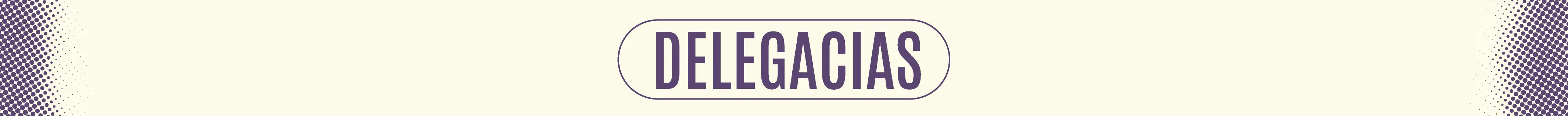 Arte gráfica em fundo claro apresenta a palavra “Delegacias” em destaque dentro de um selo arredondado na cor roxa. O layout utiliza elementos pontilhados nas laterais e tipografia moderna, indicando seção informativa sobre locais de atendimento policial.