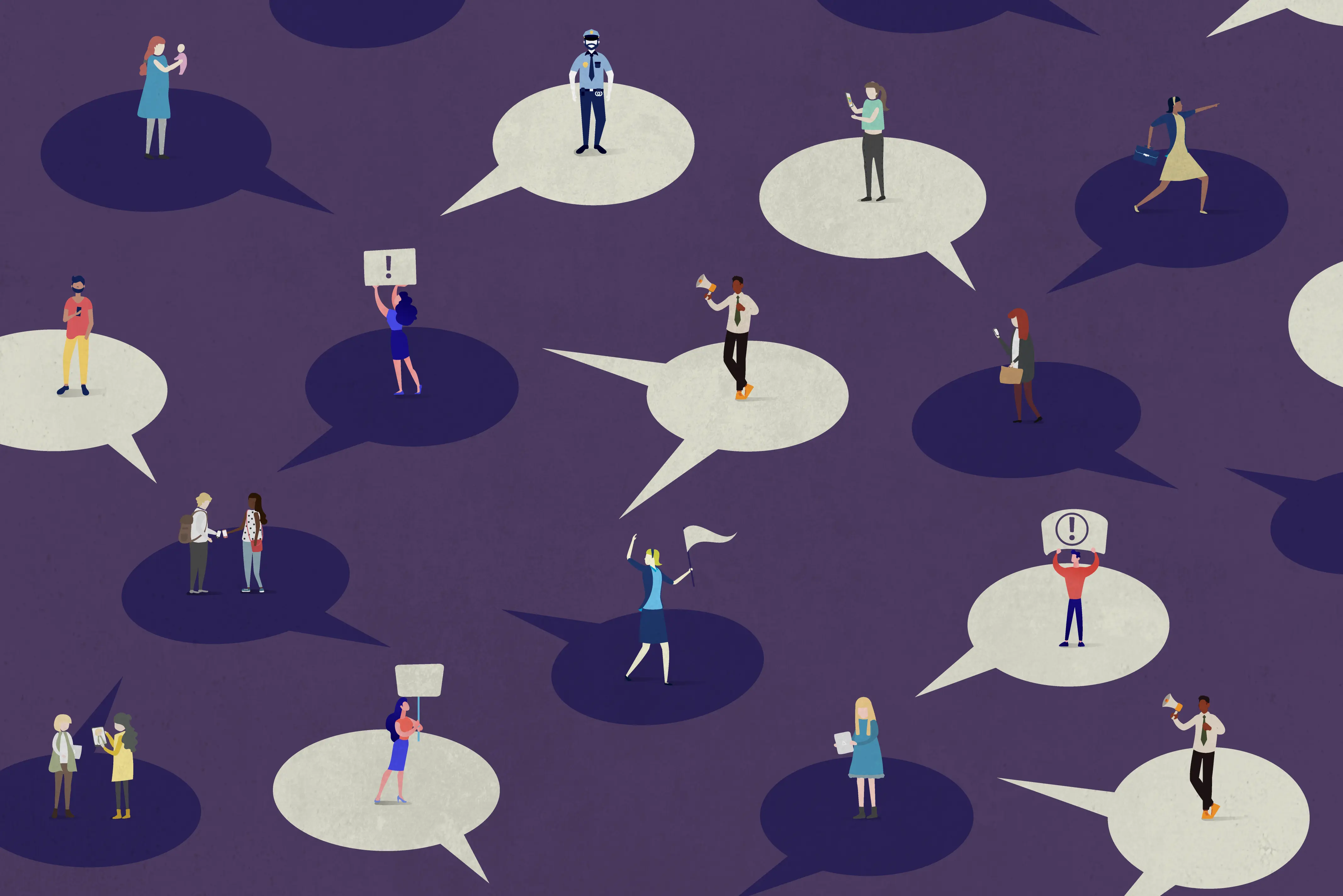 Ilustração em fundo roxo mostra várias pessoas posicionadas dentro de balões de diálogo. As figuras representam diferentes profissionais e cidadãos, simbolizando comunicação, rede de apoio e mobilização social.