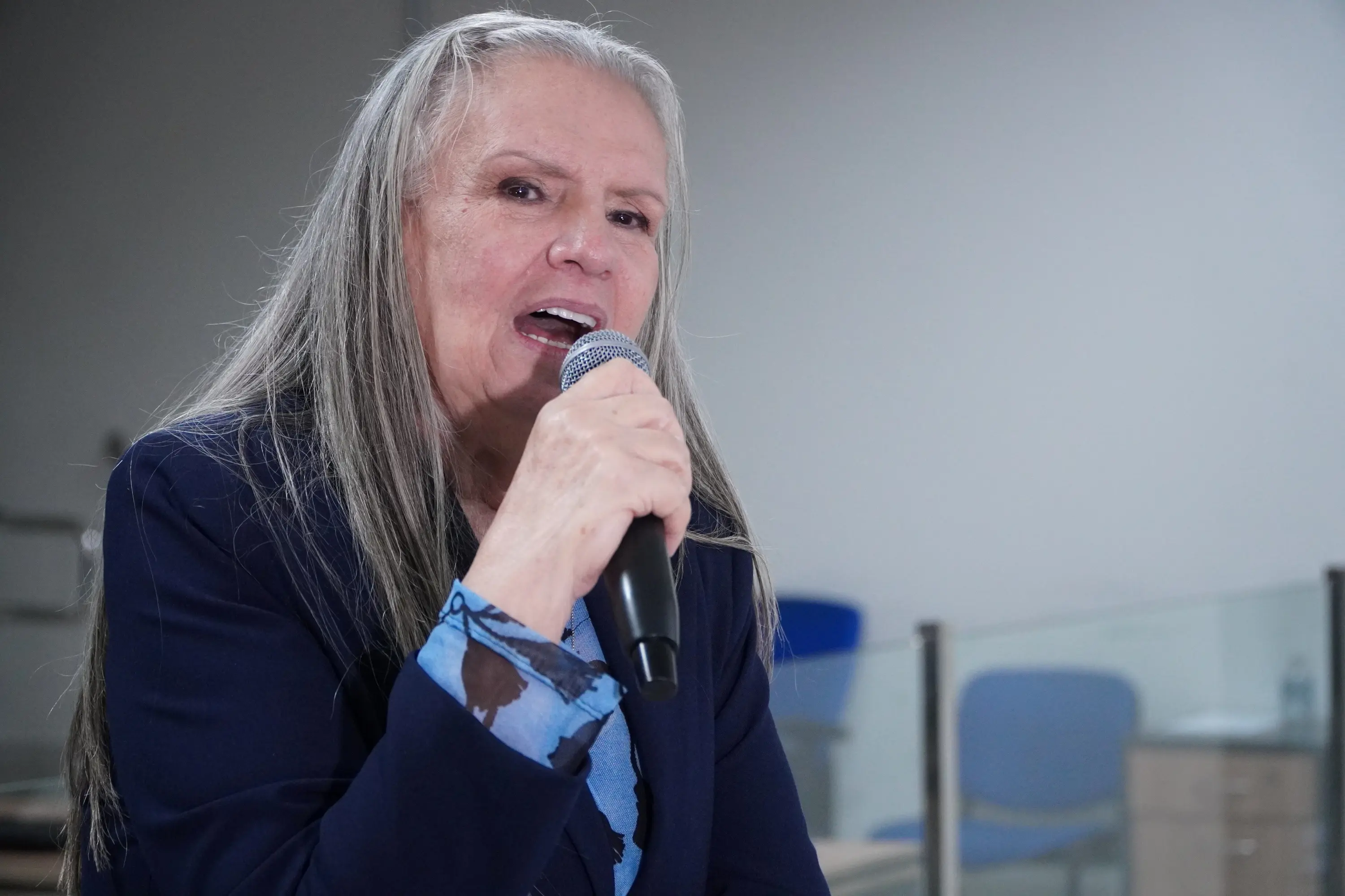 Foto horizontal que mostra a desembargadora Maria Erotides (uma mulher de cabelos longos grisalhos e blazer azul-marinho) falando ao microfone com expressão intensa. Ao fundo, cadeiras azuis e ambiente interno desfocado.
