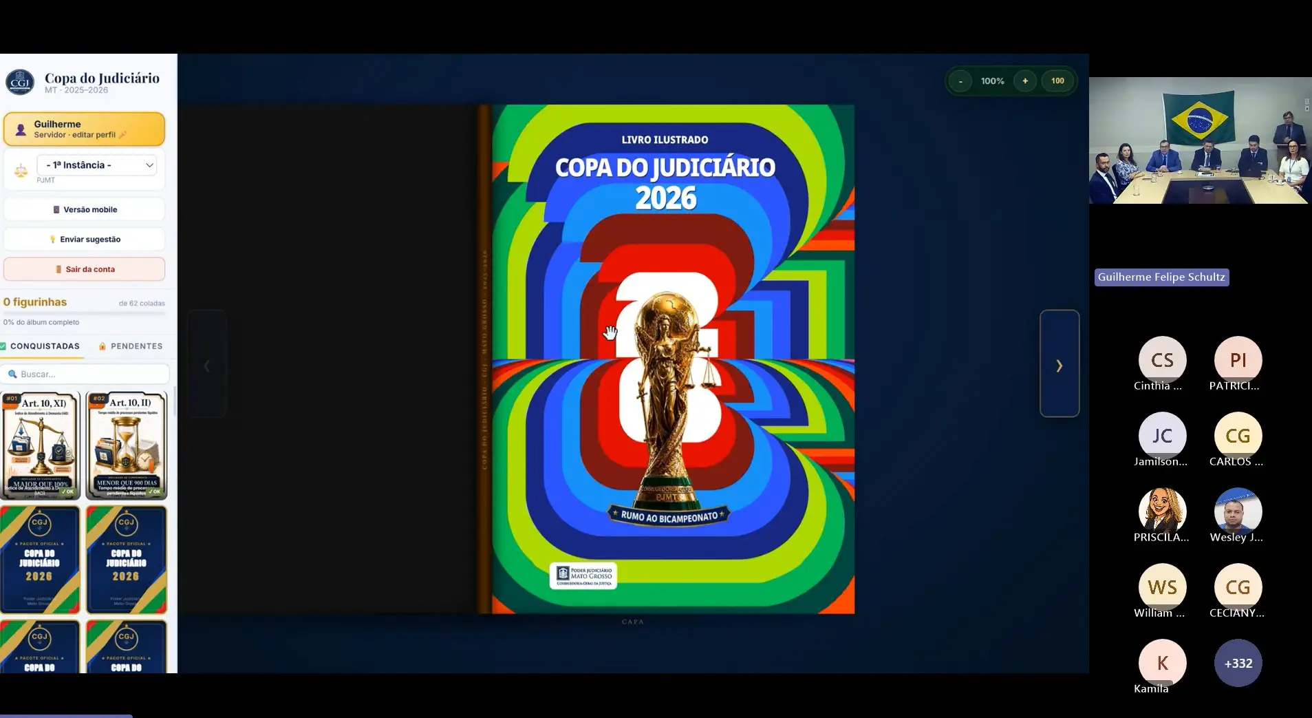 Captura de tela do Webinário Copa do Judiciário 2026 realizado pela plataforma Microsoft Teams. Ao centro da apresentação aparece a capa do álbum digital da iniciativa, com o título 